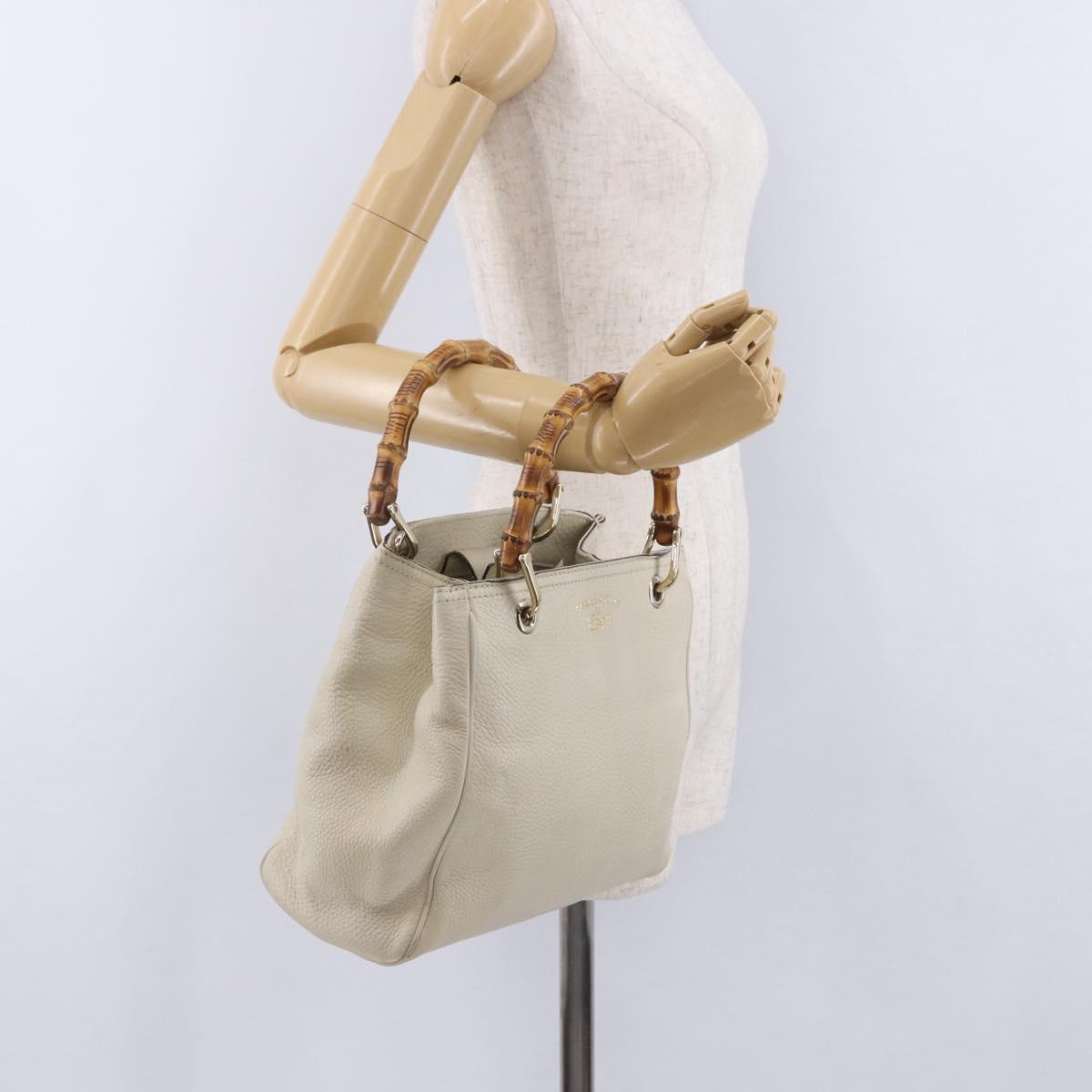 GUCCI Bamboo Hand Bag Leather White Gold 336032 Auth hk4056