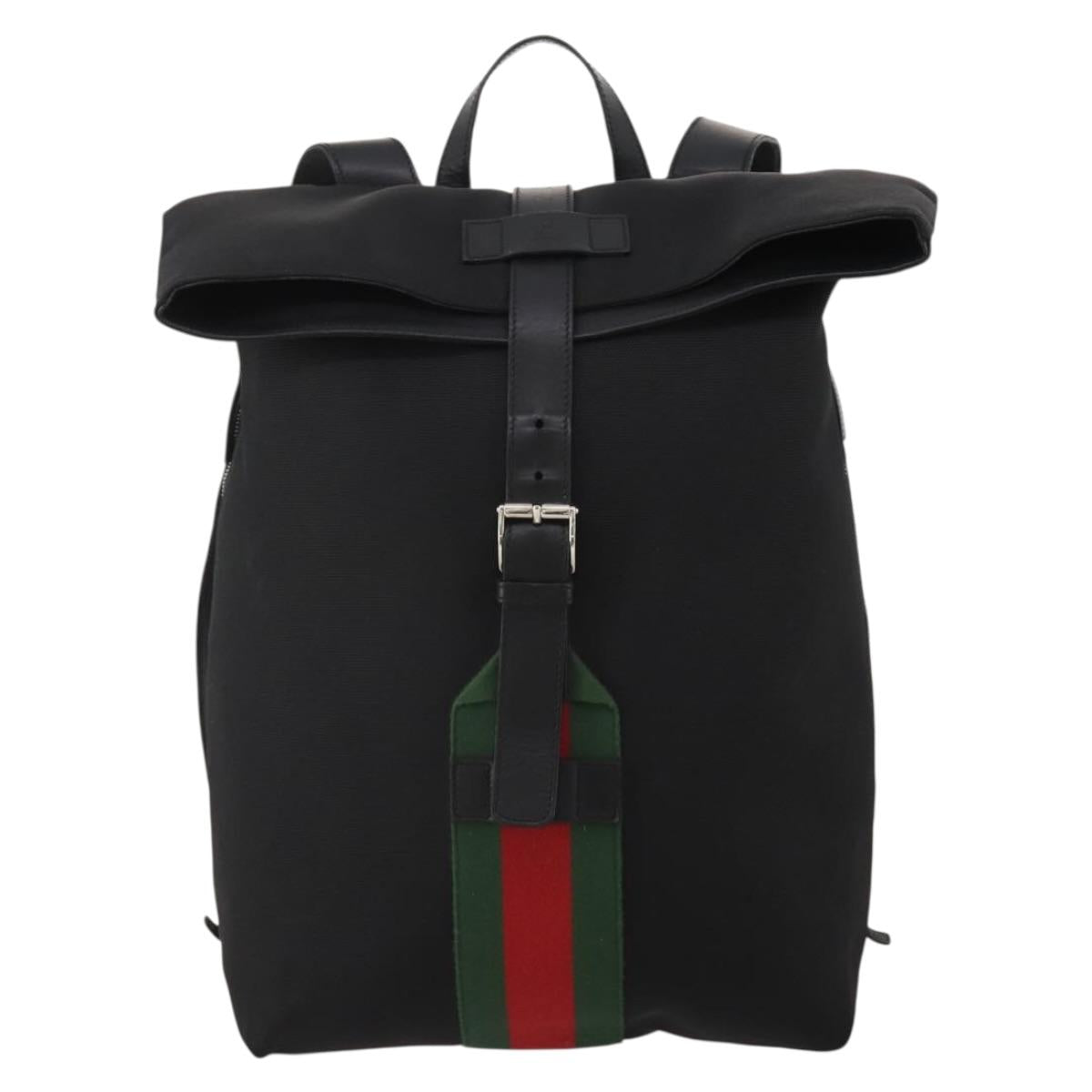 GUCCI Web Sherry Line Backpack Canvas Leather Black Silver 337075 Auth hk4063A