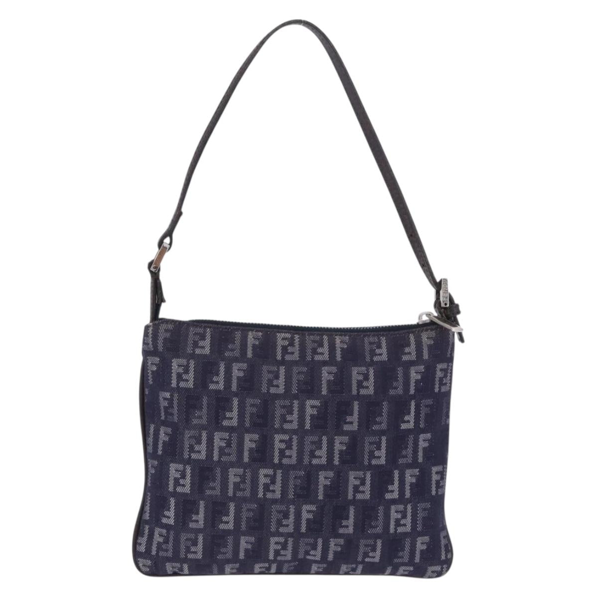 FENDI Zucchino Canvas Hand Bag Blue Silver Auth hk4080A
