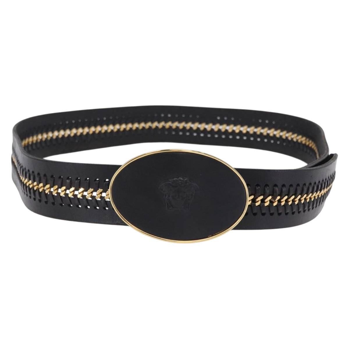 VERSACE Belt Leather 43.3"" Black Gold Auth hk4097