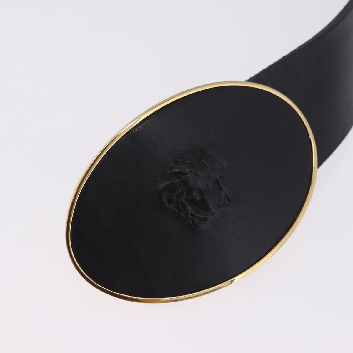 VERSACE Belt Leather 43.3"" Black Gold Auth hk4097