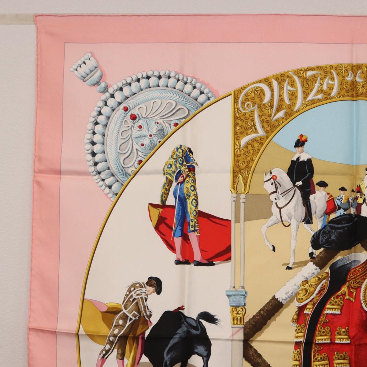 HERMES Carre 90 Scarf ""PLAZA D TOROS"" Silk Pink Auth hk4127