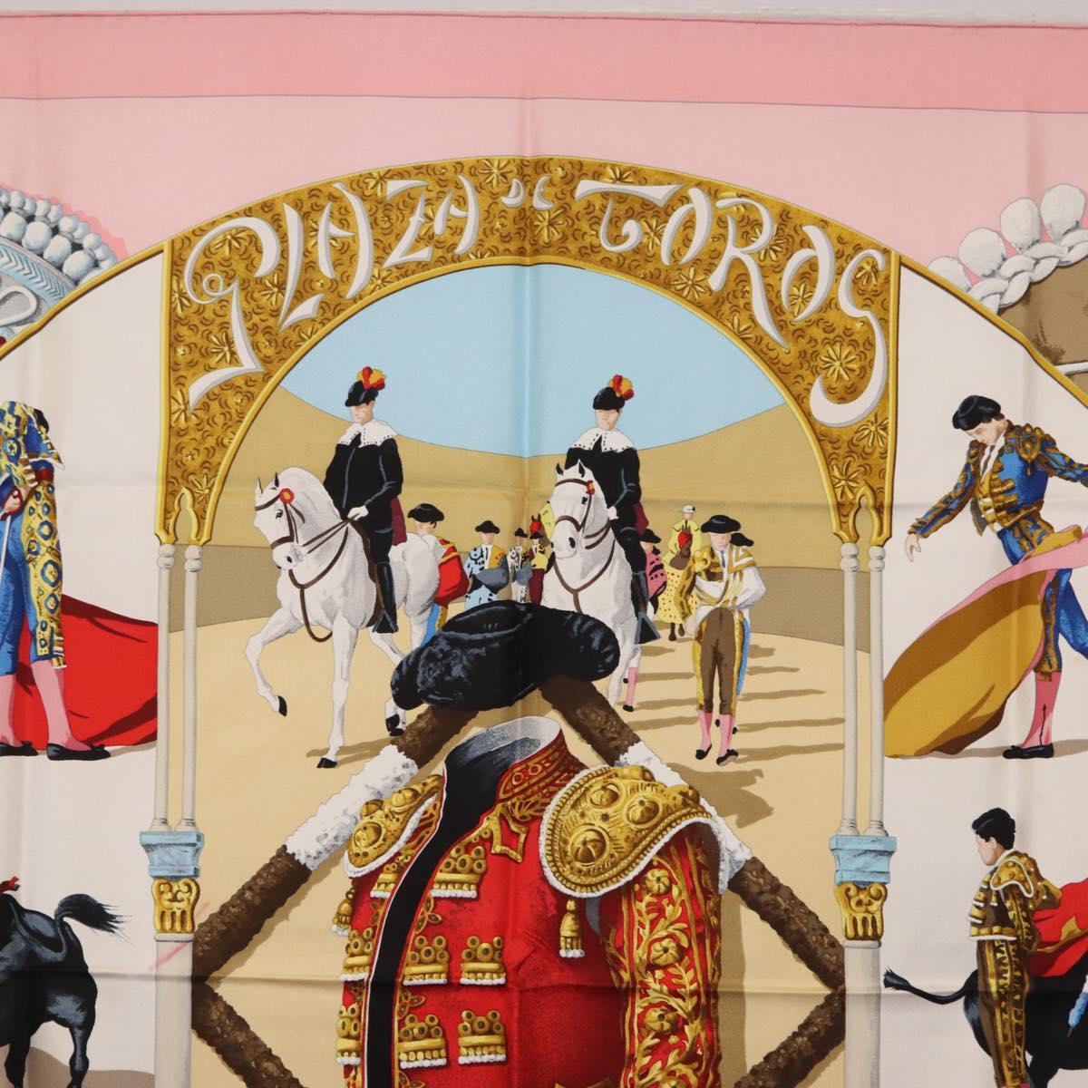 HERMES Carre 90 Scarf ""PLAZA D TOROS"" Silk Pink Auth hk4127