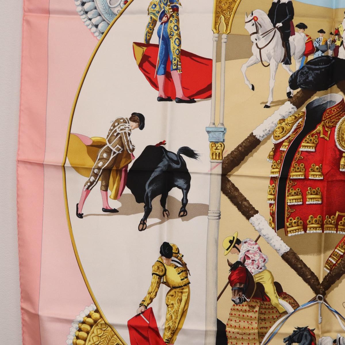 HERMES Carre 90 Scarf ""PLAZA D TOROS"" Silk Pink Auth hk4127