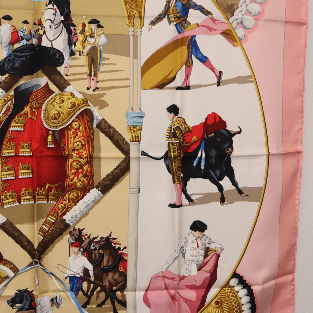HERMES Carre 90 Scarf ""PLAZA D TOROS"" Silk Pink Auth hk4127