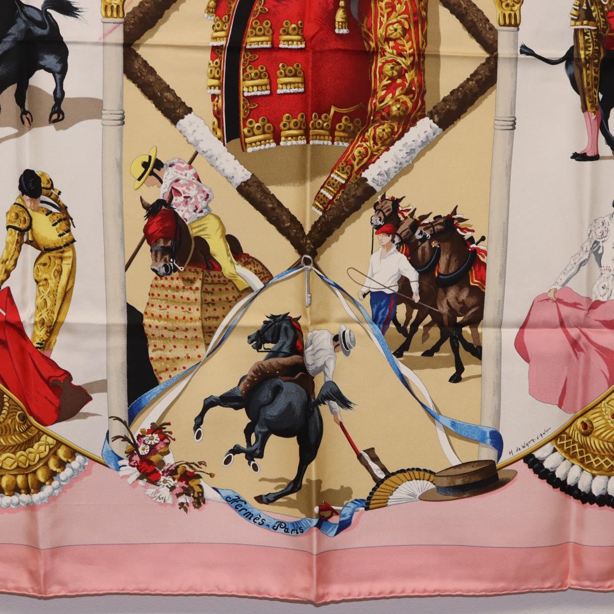 HERMES Carre 90 Scarf ""PLAZA D TOROS"" Silk Pink Auth hk4127