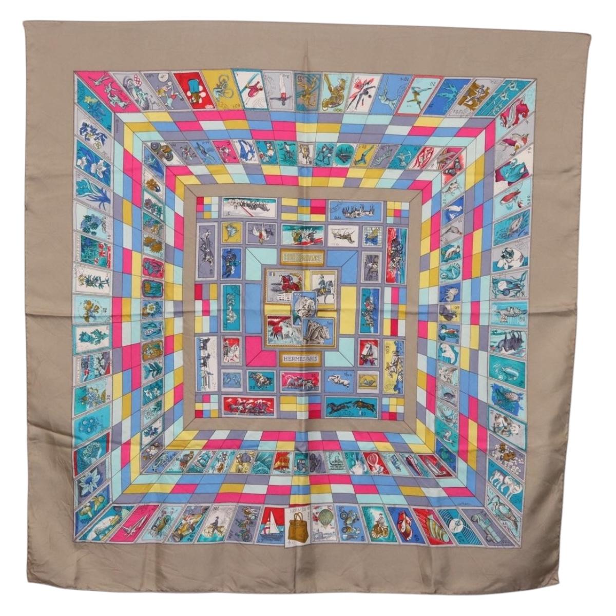 HERMES Carre 90 Scarf ""CORRE SPONDANCE"" Silk Gray Auth hk4128