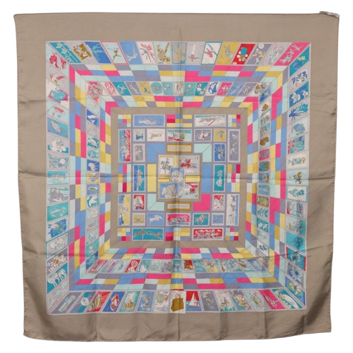 HERMES Carre 90 Scarf ""CORRE SPONDANCE"" Silk Gray Auth hk4128
