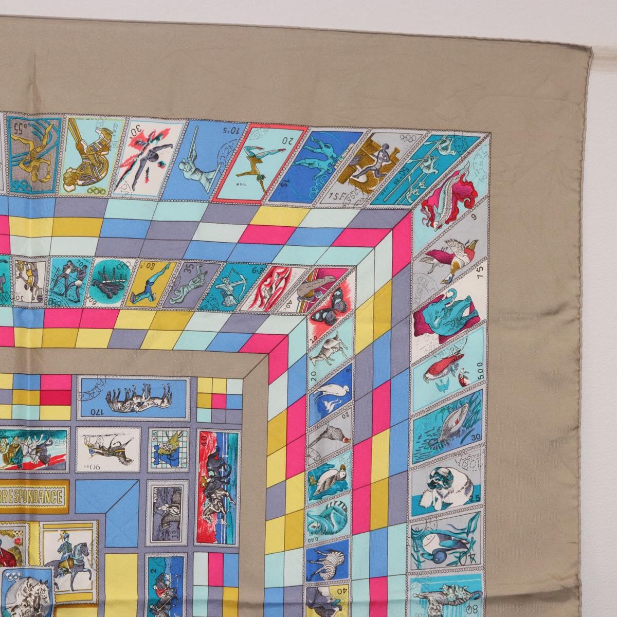 HERMES Carre 90 Scarf ""CORRE SPONDANCE"" Silk Gray Auth hk4128