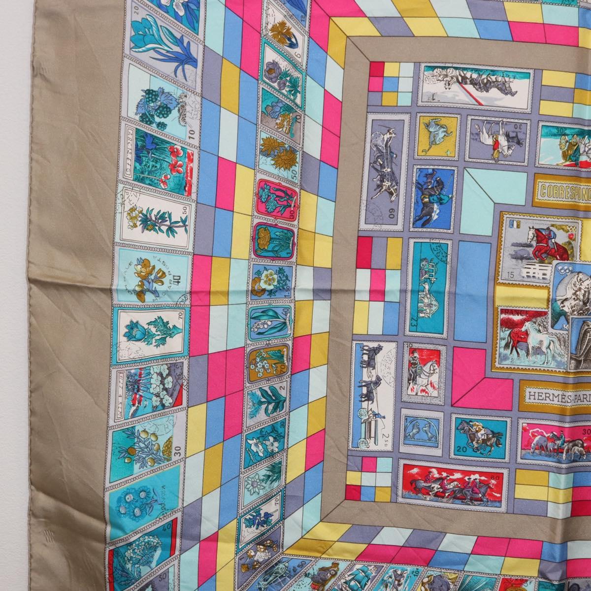 HERMES Carre 90 Scarf ""CORRE SPONDANCE"" Silk Gray Auth hk4128