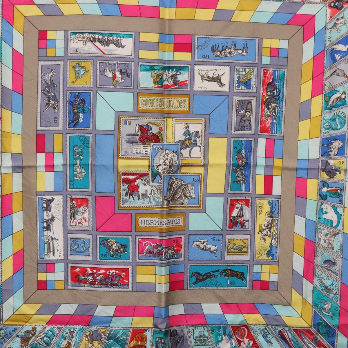 HERMES Carre 90 Scarf ""CORRE SPONDANCE"" Silk Gray Auth hk4128