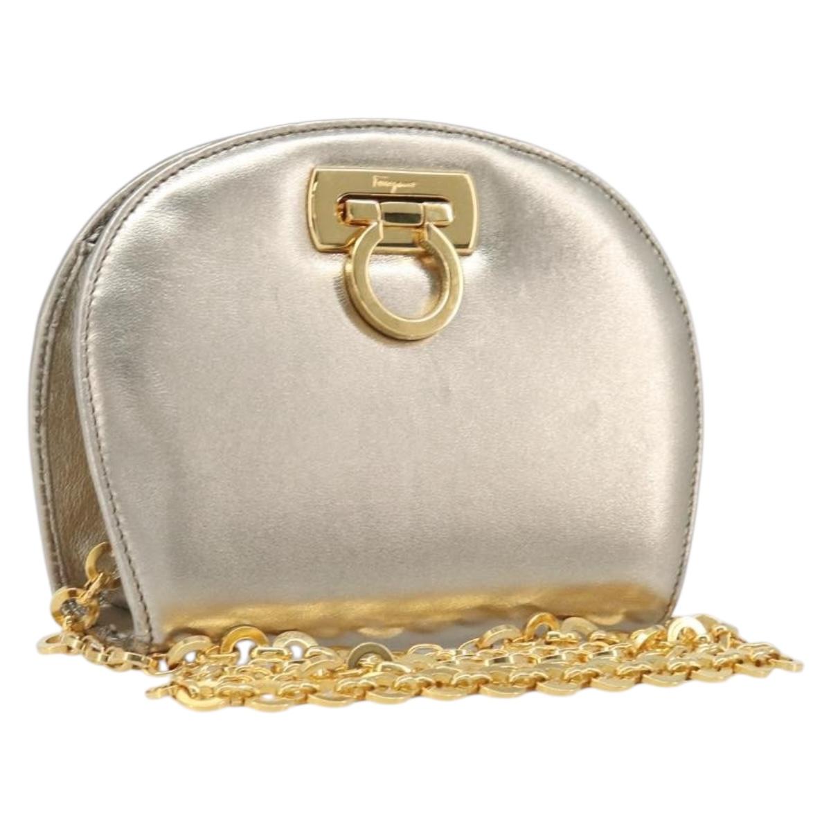 Salvatore Ferragamo Gancini Chain Shoulder Bag Leather Gold Auth hk4135A