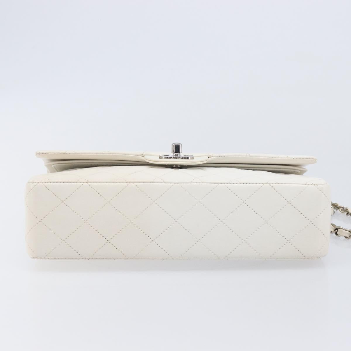 CHANEL Matelasse Double Flap Chain Bag Lamb Skin White Silver CC Auth hk4154V