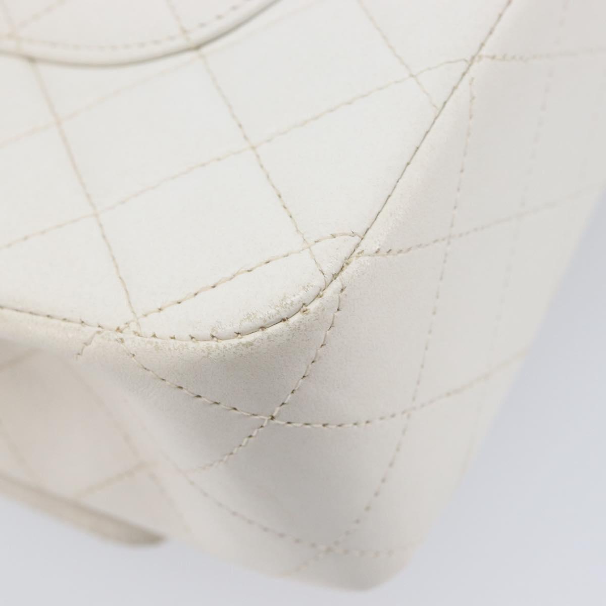 CHANEL Matelasse Double Flap Chain Bag Lamb Skin White Silver CC Auth hk4154V