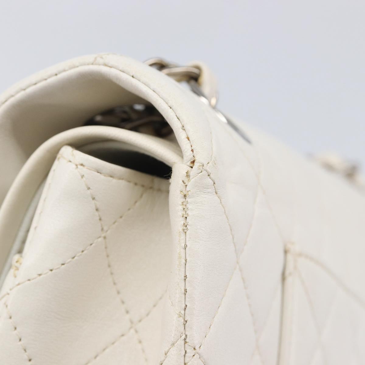 CHANEL Matelasse Double Flap Chain Bag Lamb Skin White Silver CC Auth hk4154V