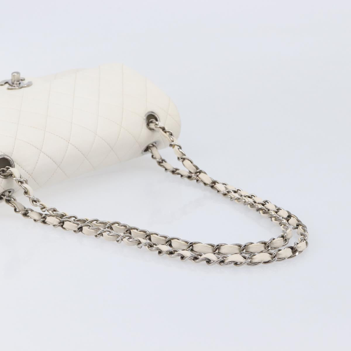 CHANEL Matelasse Double Flap Chain Bag Lamb Skin White Silver CC Auth hk4154V