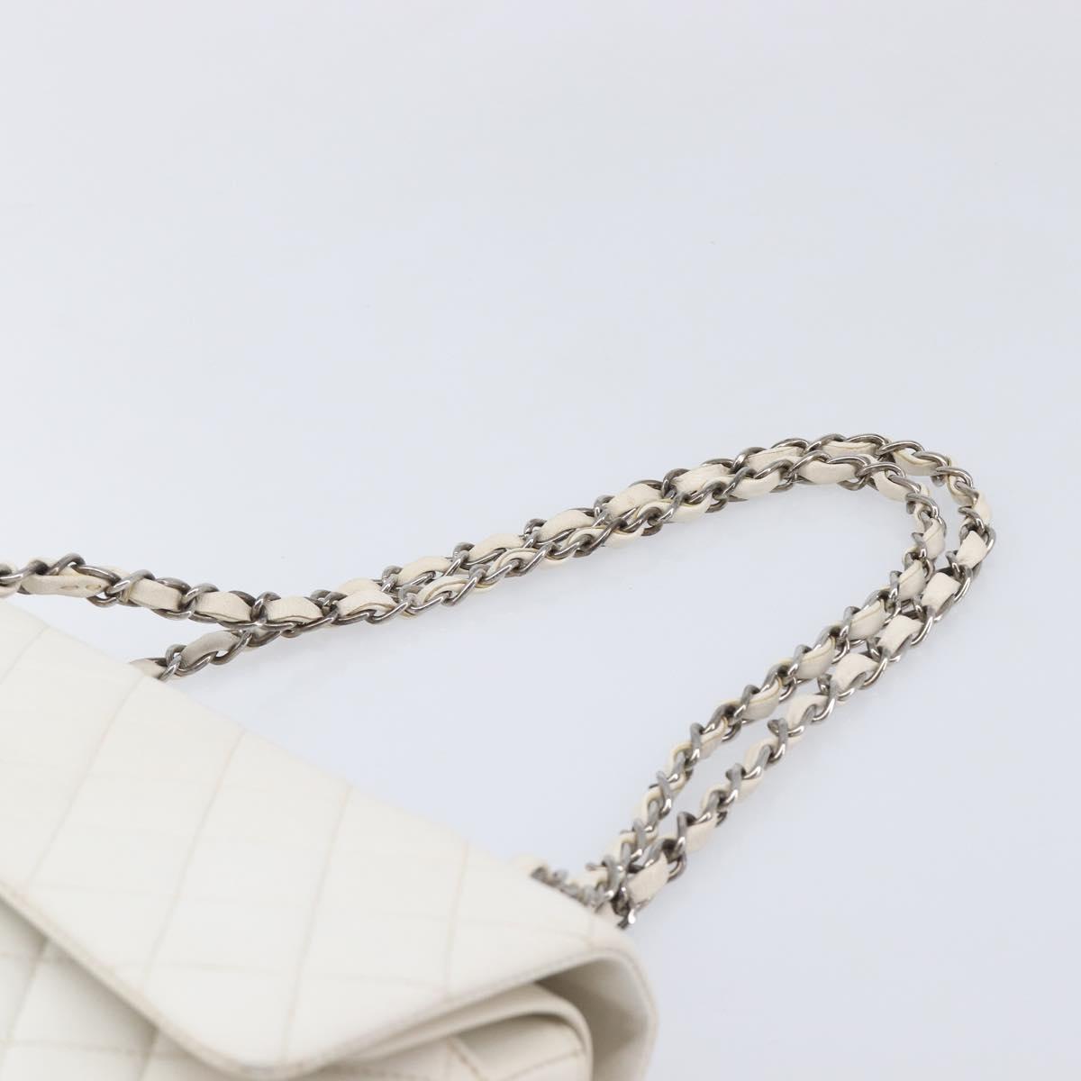 CHANEL Matelasse Double Flap Chain Bag Lamb Skin White Silver CC Auth hk4154V