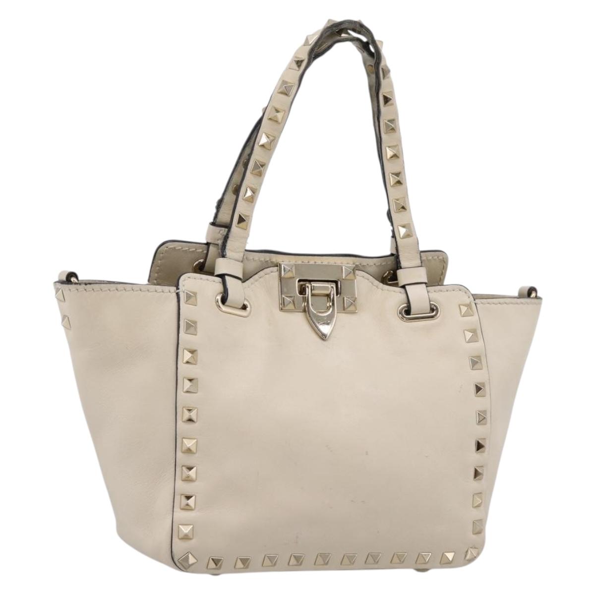 Valentino Studs Hand Bag Leather Ivory Gold Auth hk4155