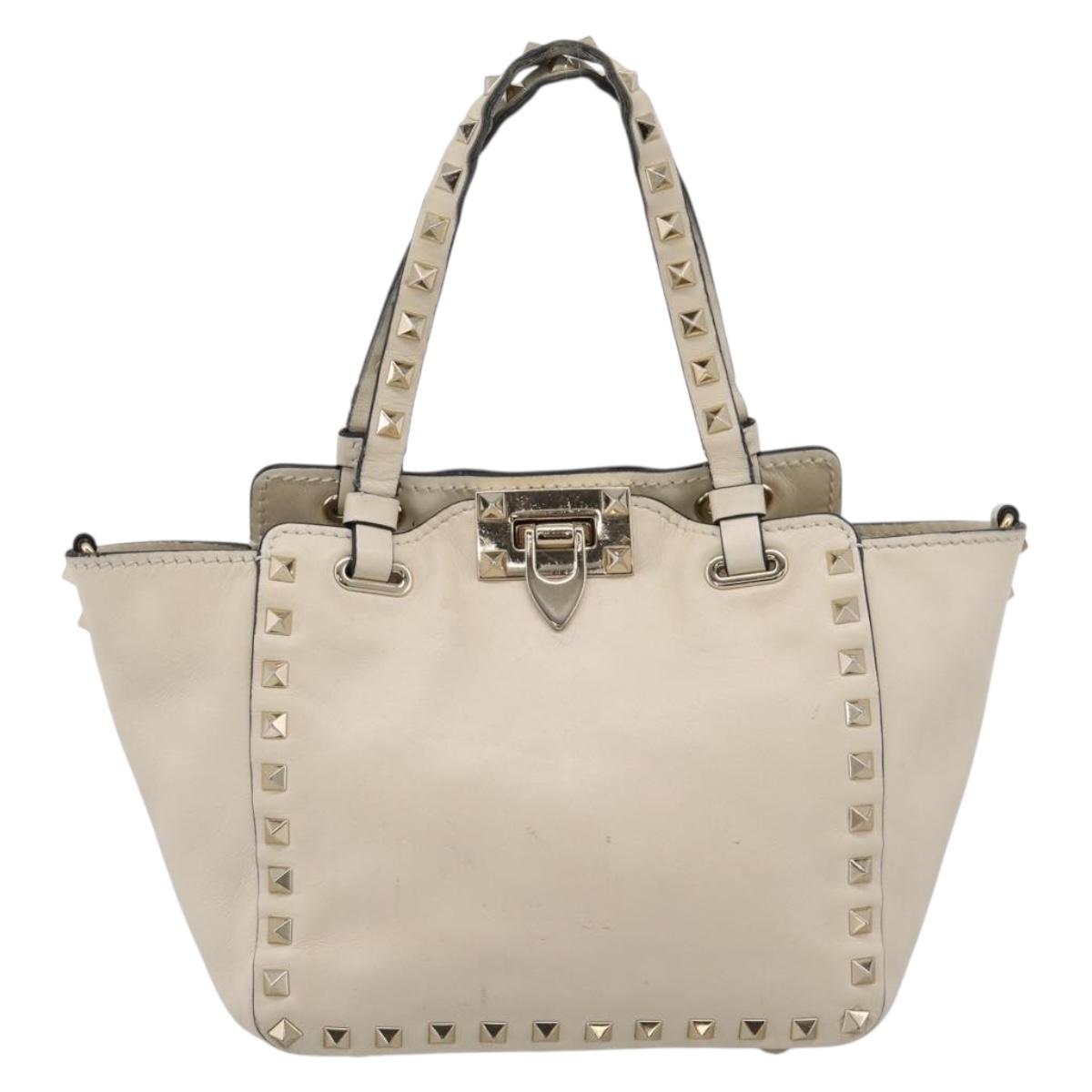 Valentino Studs Hand Bag Leather Ivory Gold Auth hk4155