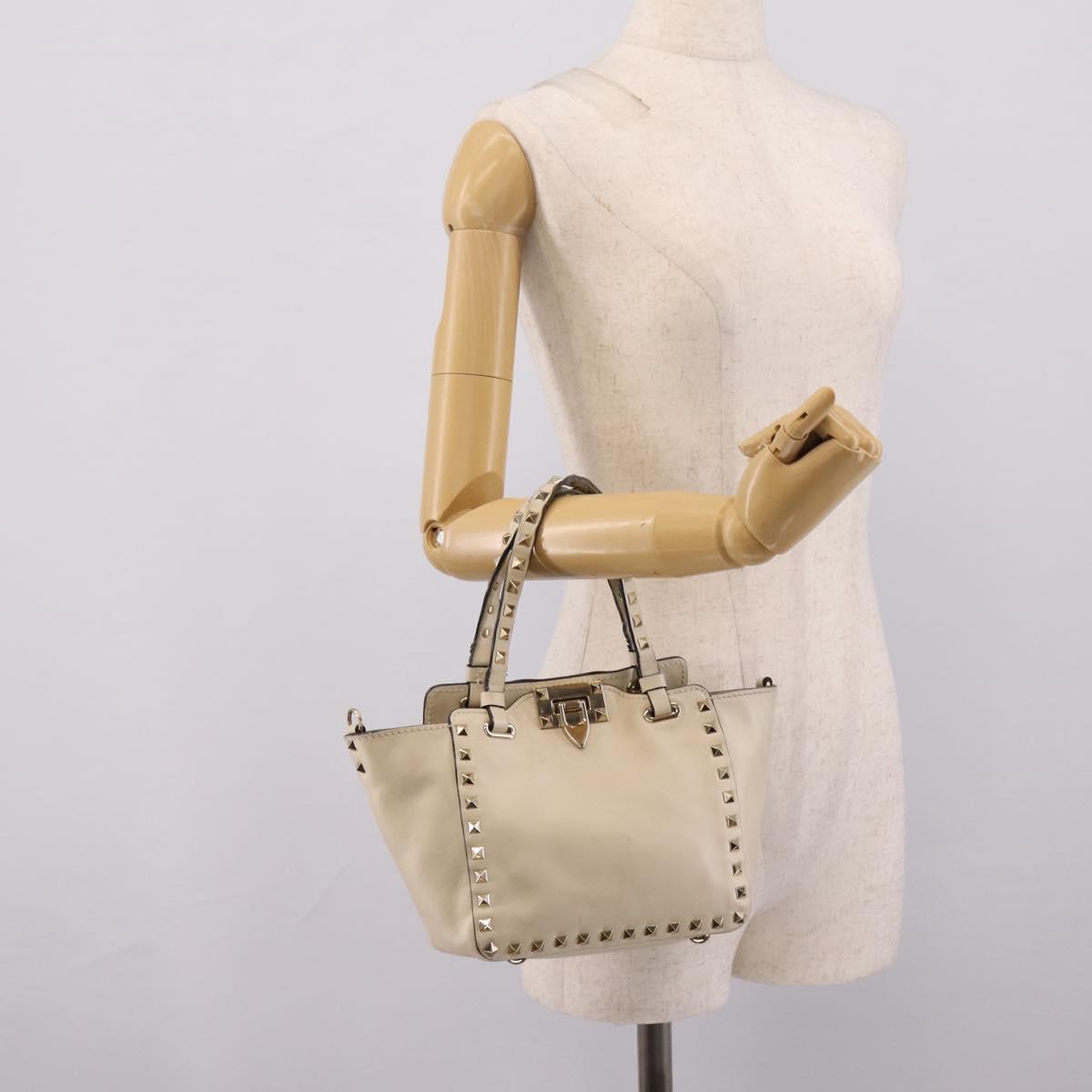 Valentino Studs Hand Bag Leather Ivory Gold Auth hk4155