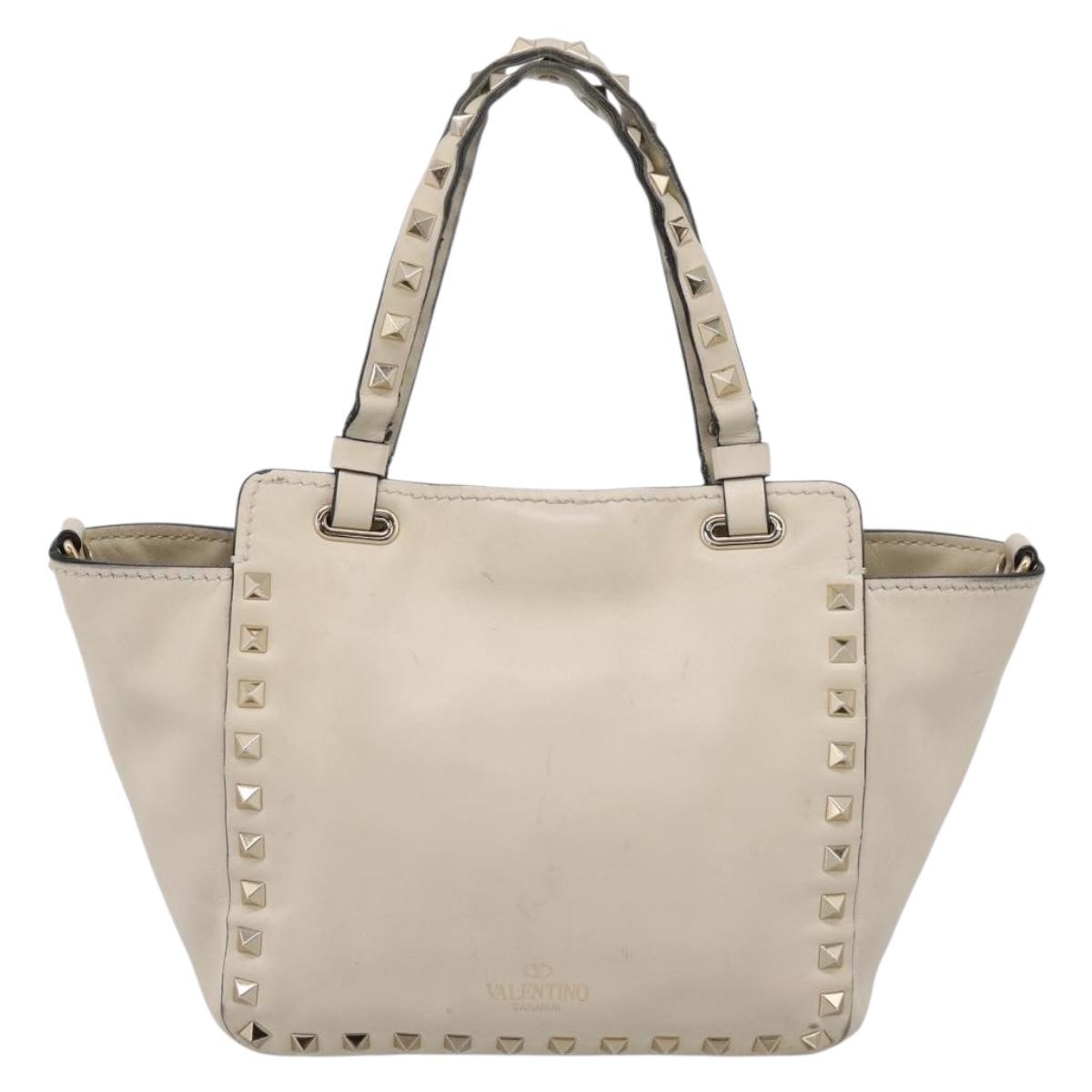 Valentino Studs Hand Bag Leather Ivory Gold Auth hk4155
