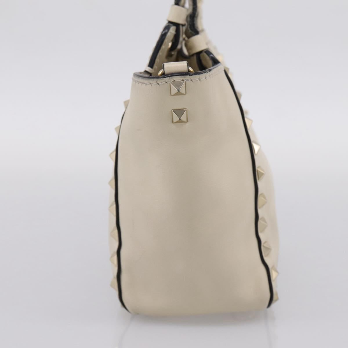 Valentino Studs Hand Bag Leather Ivory Gold Auth hk4155