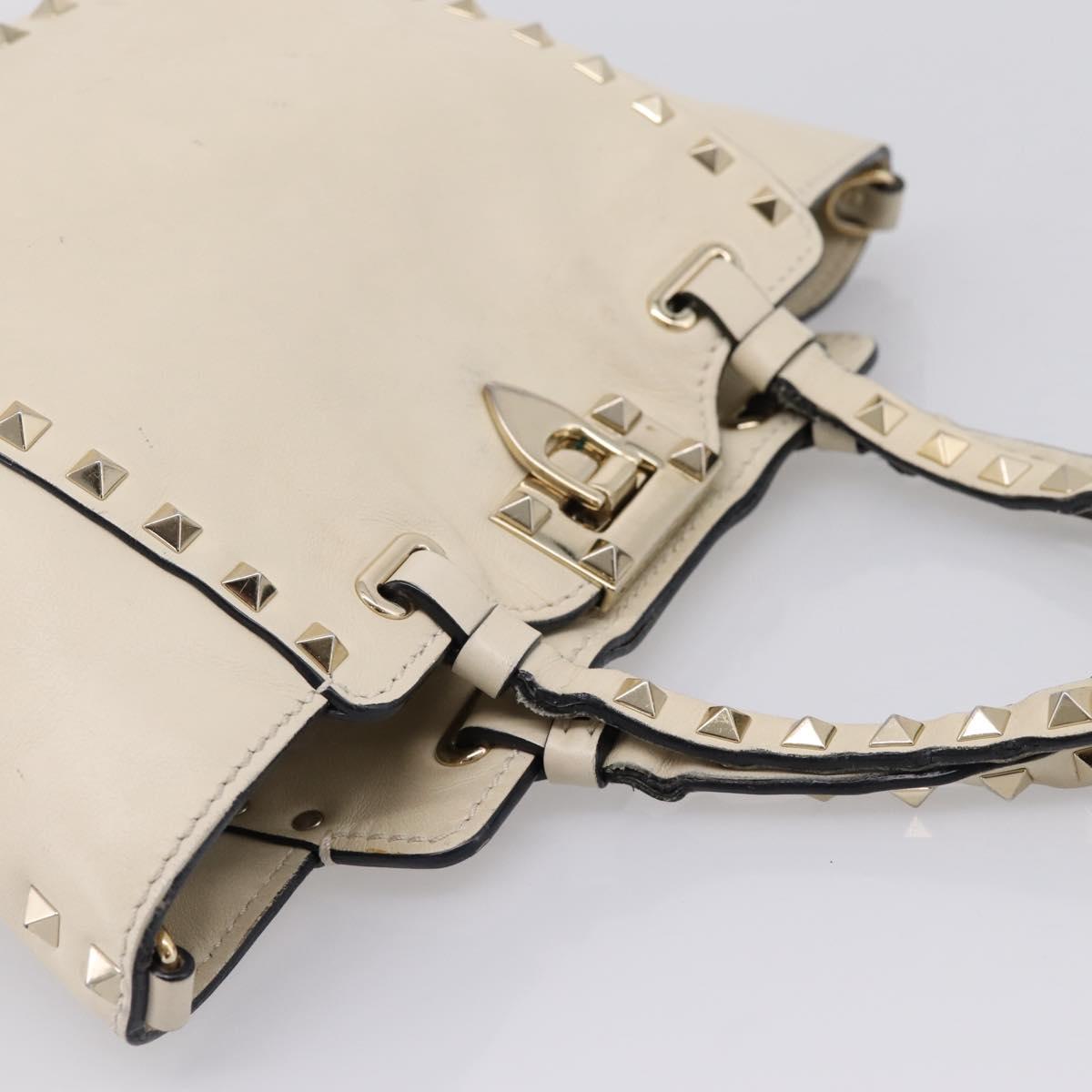 Valentino Studs Hand Bag Leather Ivory Gold Auth hk4155