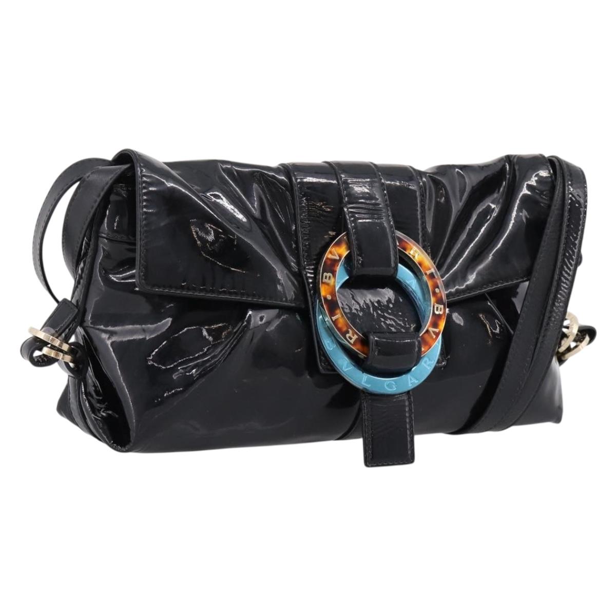 BVLGARI Shoulder Bag Patent leather Black Gold Auth hk4164