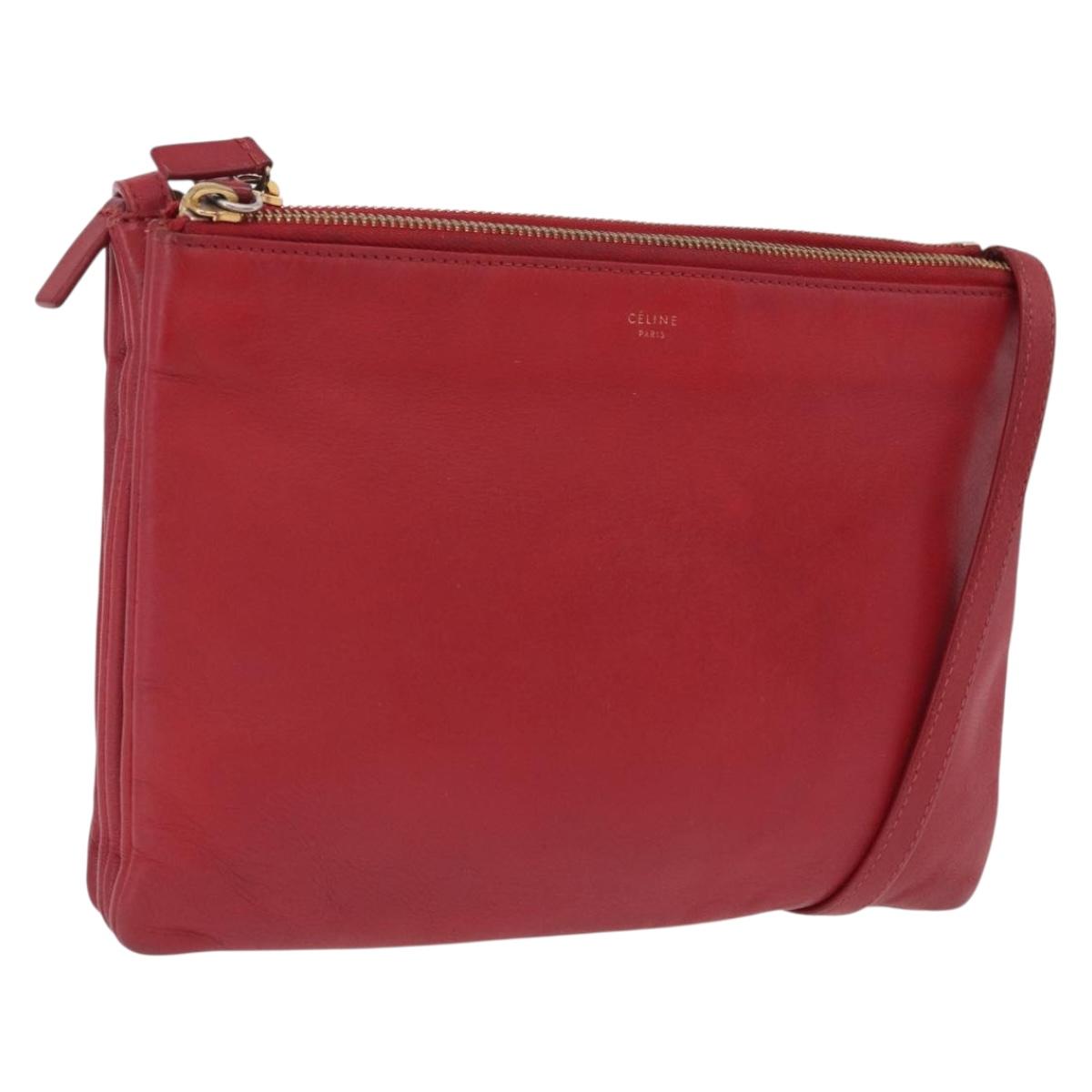 CELINE Trio Shoulder Bag Leather Red Gold Auth hk4207