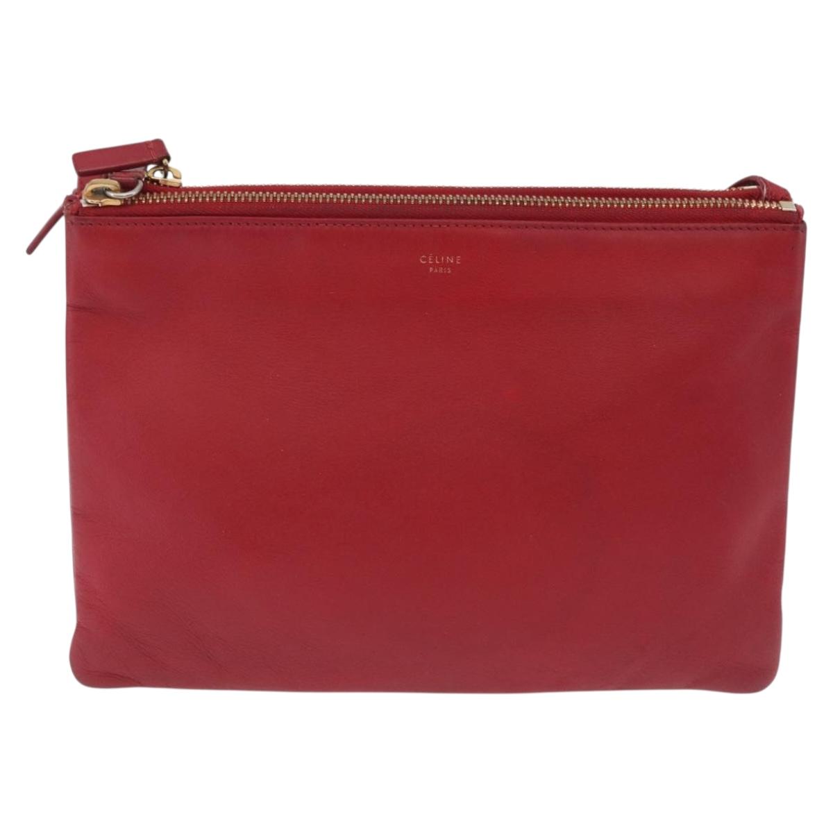 CELINE Trio Shoulder Bag Leather Red Gold Auth hk4207