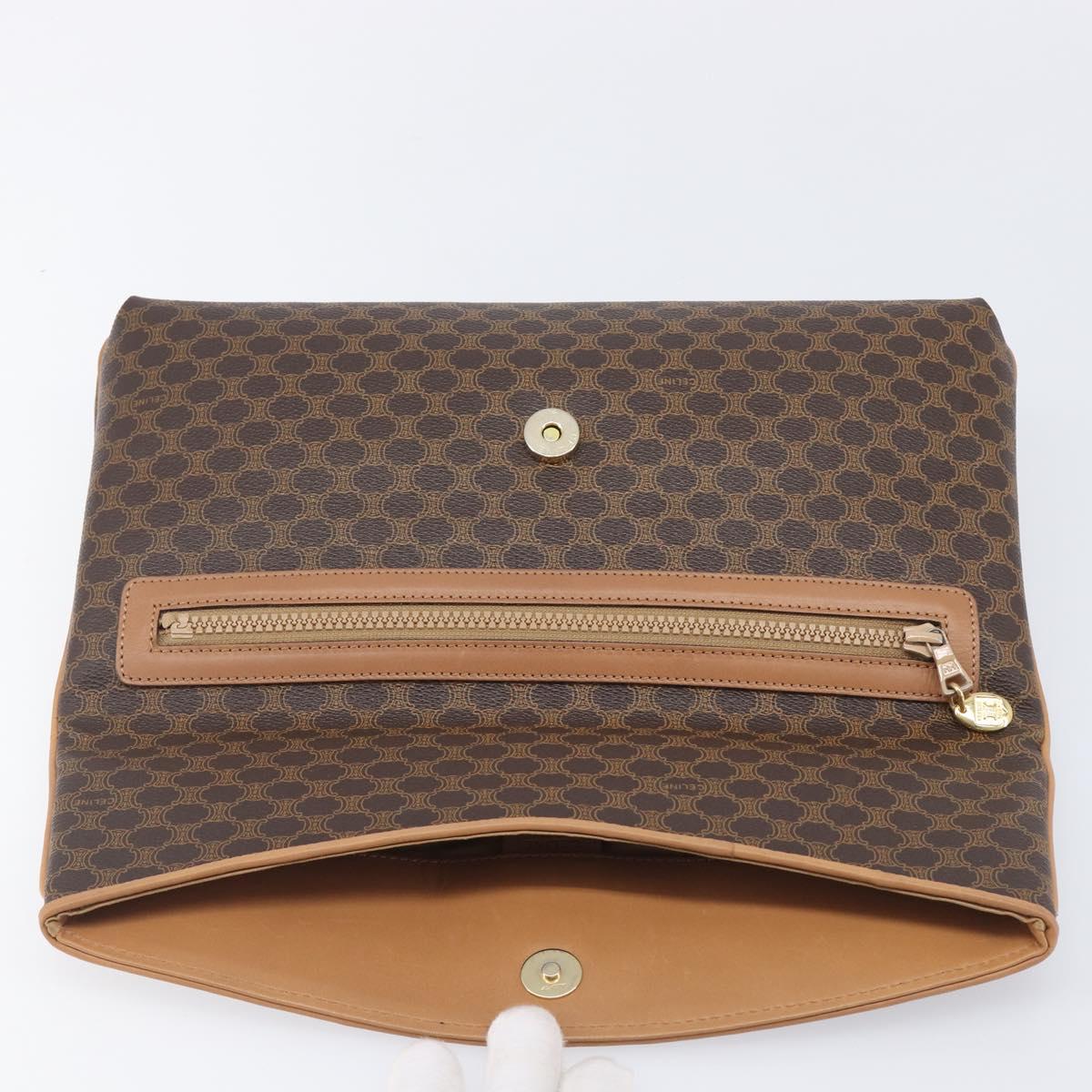 CELINE Macadam Canvas Clutch Bag PVC Leather Brown Gold Auth hk4208