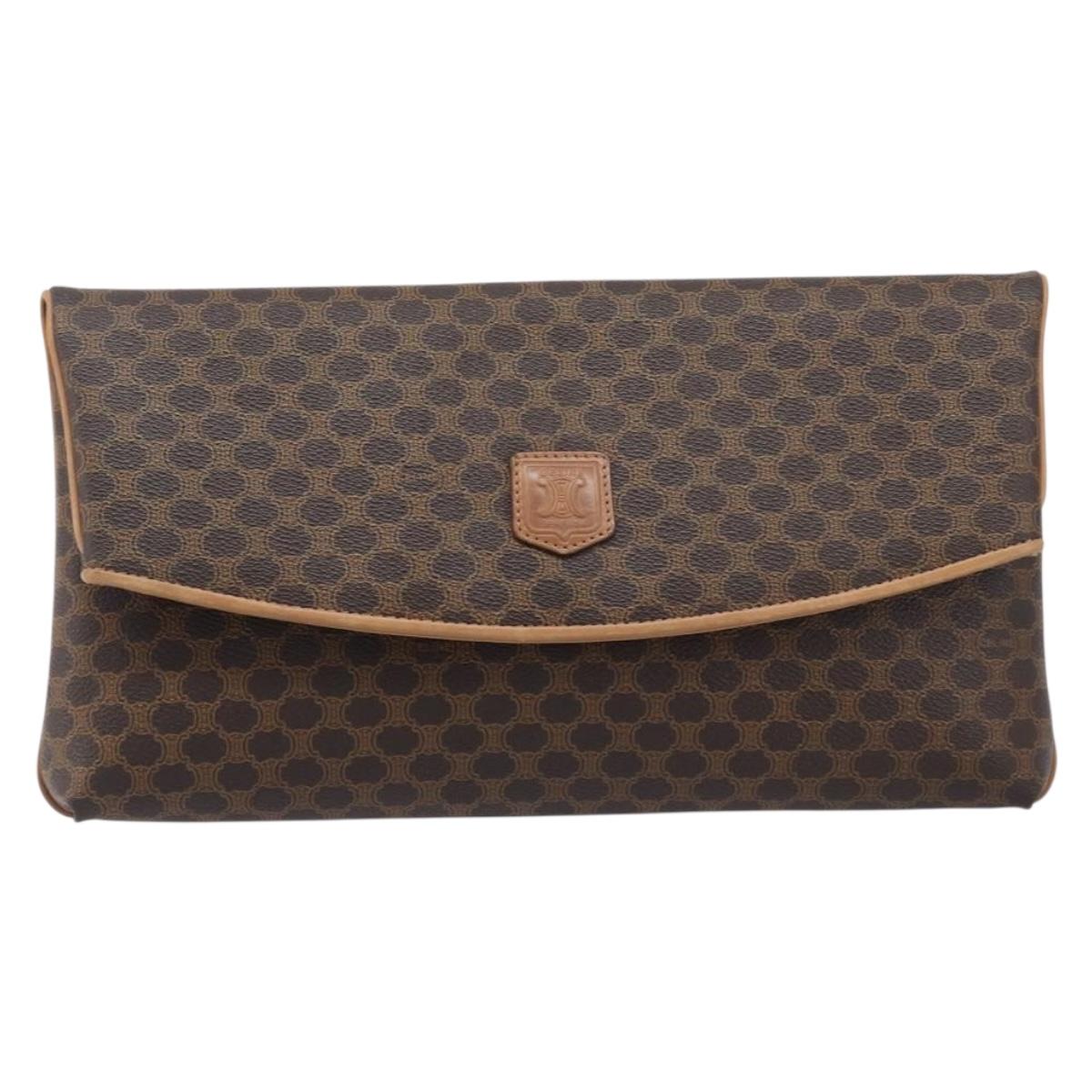 CELINE Macadam Canvas Clutch Bag PVC Leather Brown Gold Auth hk4208