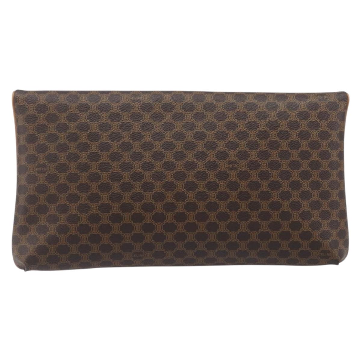 CELINE Macadam Canvas Clutch Bag PVC Leather Brown Gold Auth hk4208
