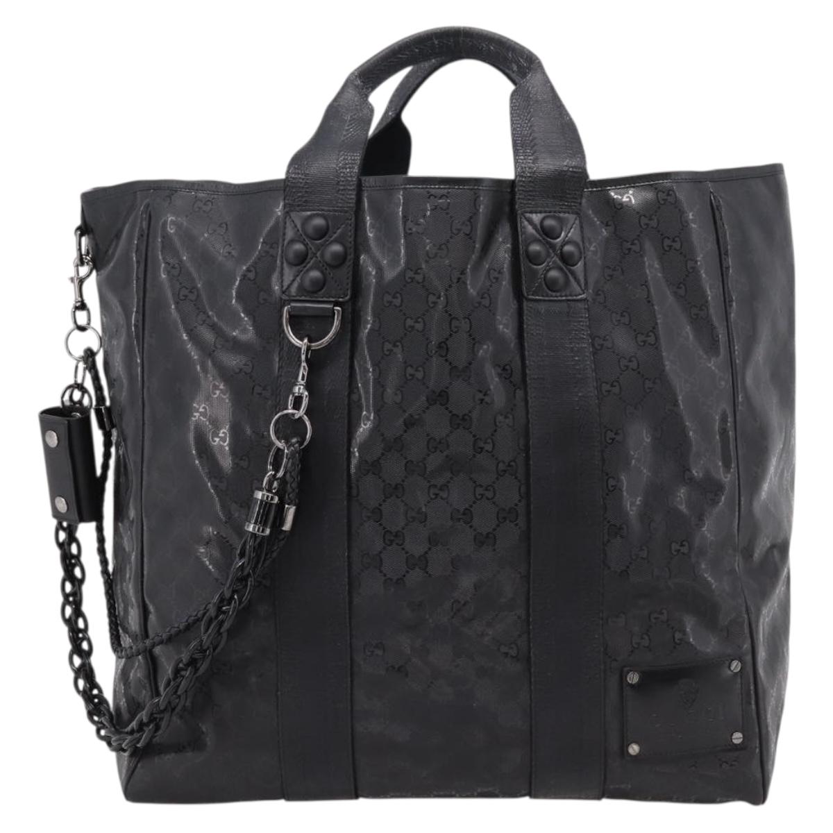 GUCCI GG Implementation Hand Bag PVC Leather Black Silver Auth hk4211A