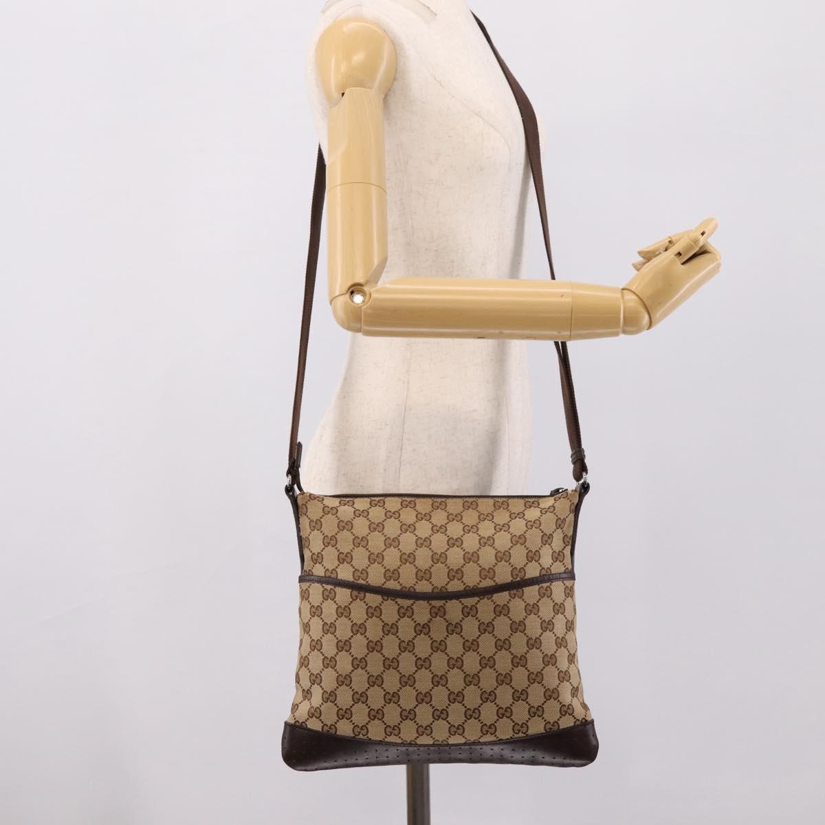 GUCCI GG Canvas Shoulder Bag Beige Silver 145857 Auth hk4220