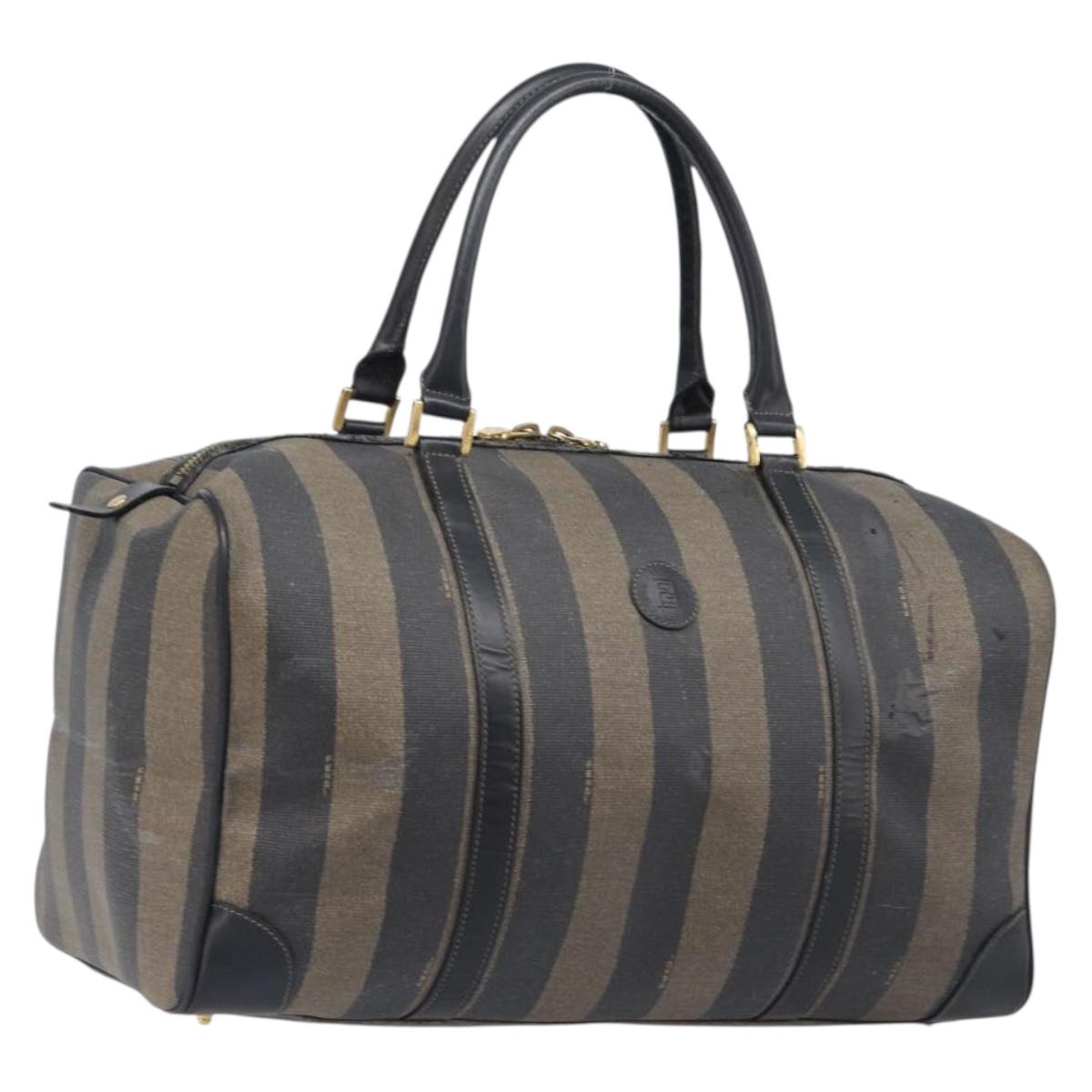 FENDI Pecan Canvas Boston Bag PVC Black Brown Auth hk4221
