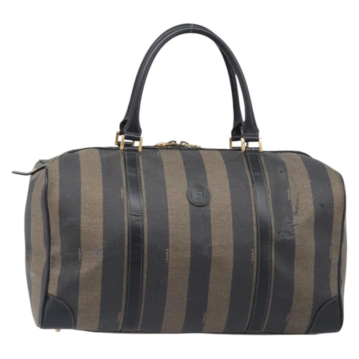 FENDI Pecan Canvas Boston Bag PVC Black Brown Auth hk4221