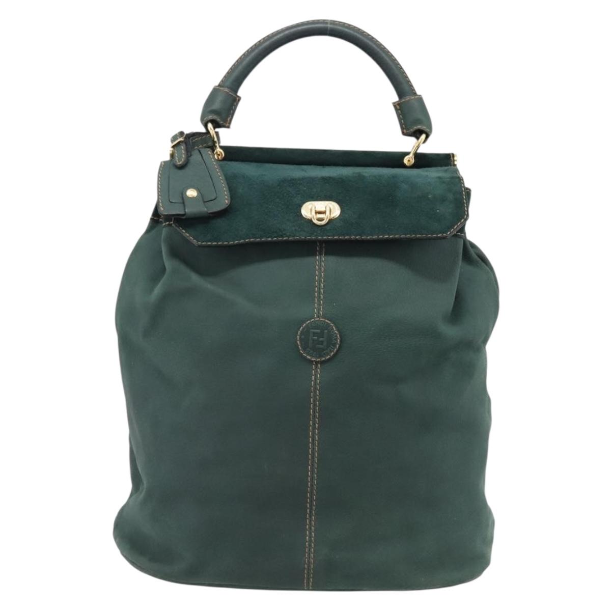 FENDI Hand Bag Suede Leather Green Gold Auth hk4223