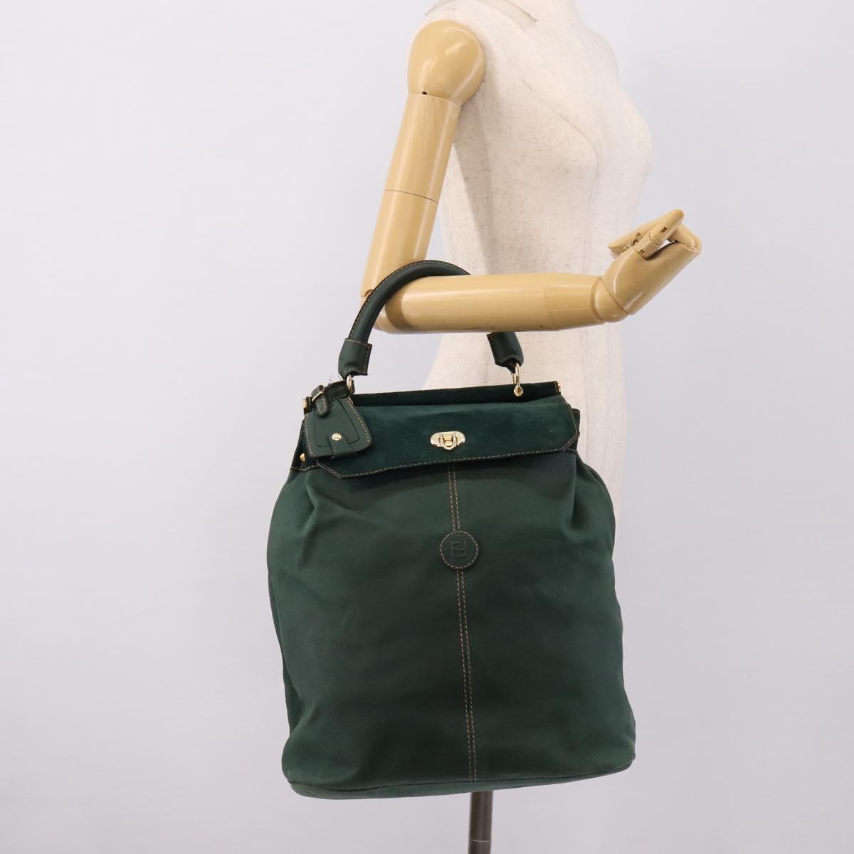 FENDI Hand Bag Suede Leather Green Gold Auth hk4223