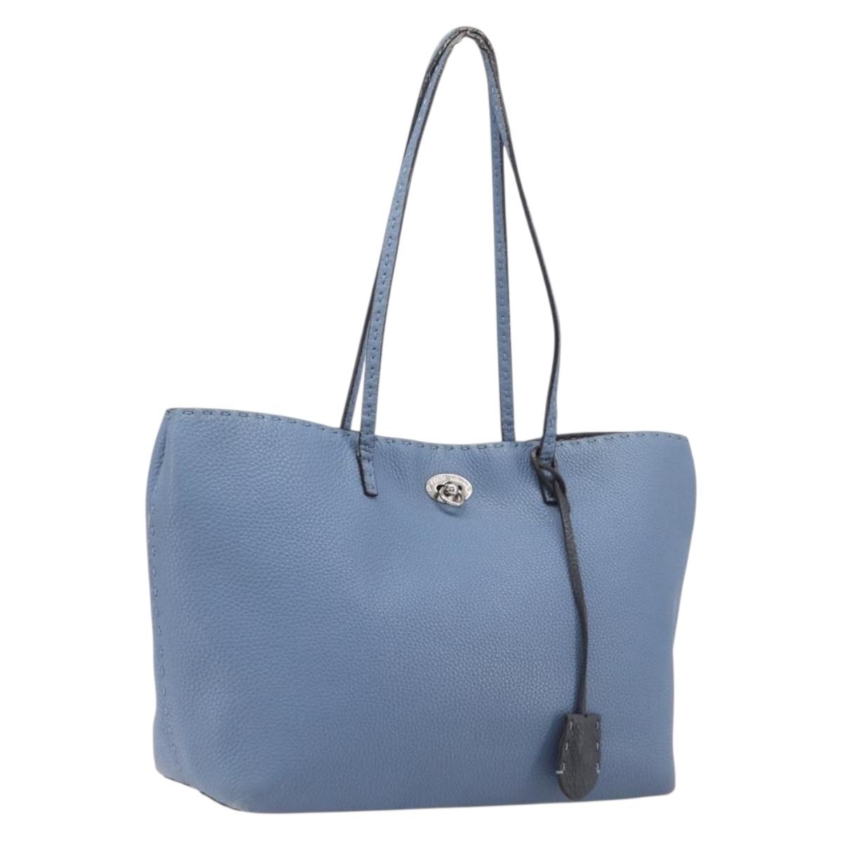 FENDI Celeria Tote Bag Leather Light Blue Silver Auth hk4224