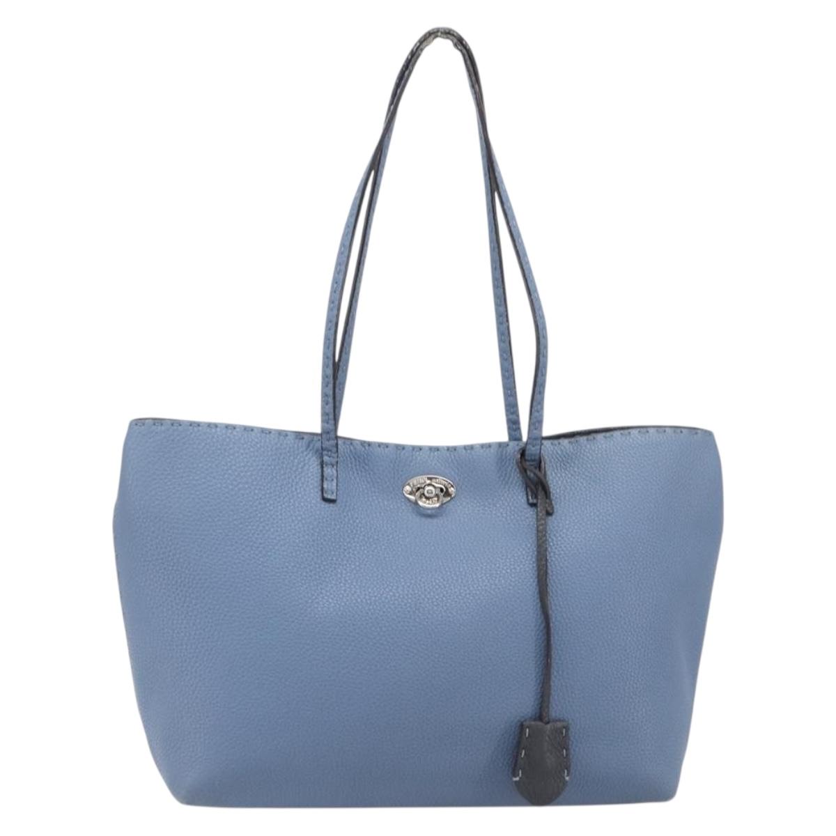 FENDI Celeria Tote Bag Leather Light Blue Silver Auth hk4224