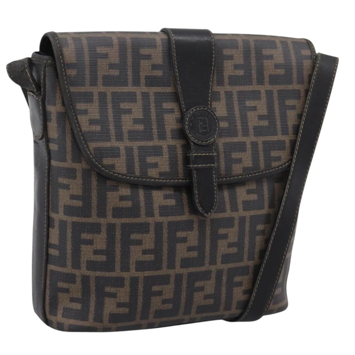 FENDI Zucca Canvas Shoulder Bag PVC Brown Black Auth hk4225