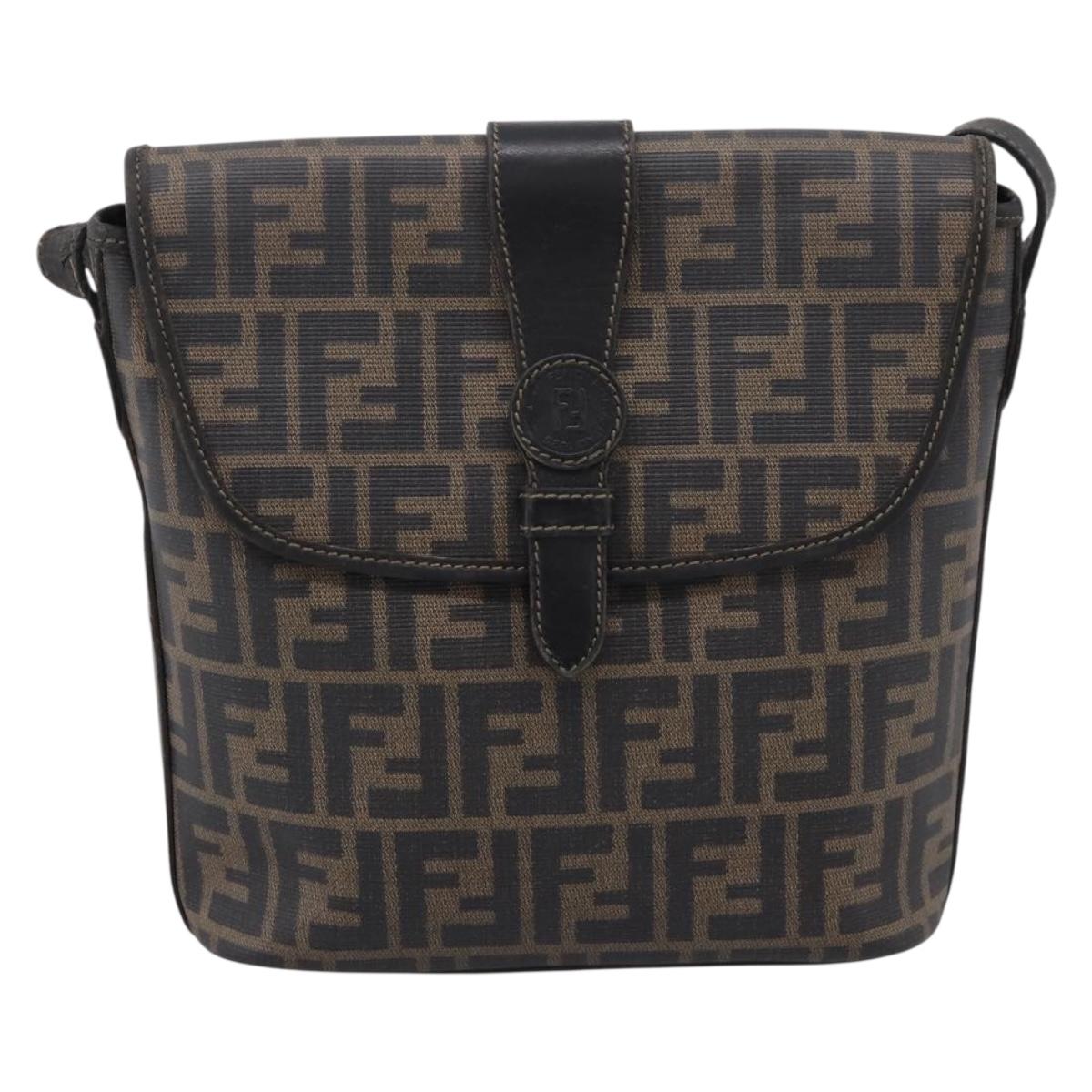 FENDI Zucca Canvas Shoulder Bag PVC Brown Black Auth hk4225