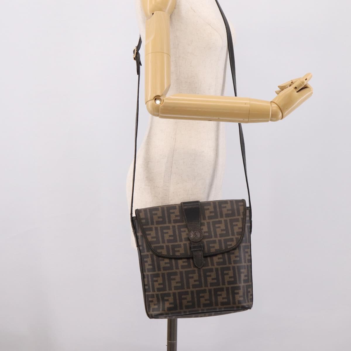FENDI Zucca Canvas Shoulder Bag PVC Brown Black Auth hk4225