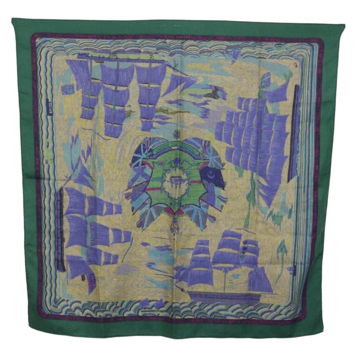 HERMES Carre 90 Scarf ""HENRY F SMITH SAILOR"" Cashmere Green Auth hk4233