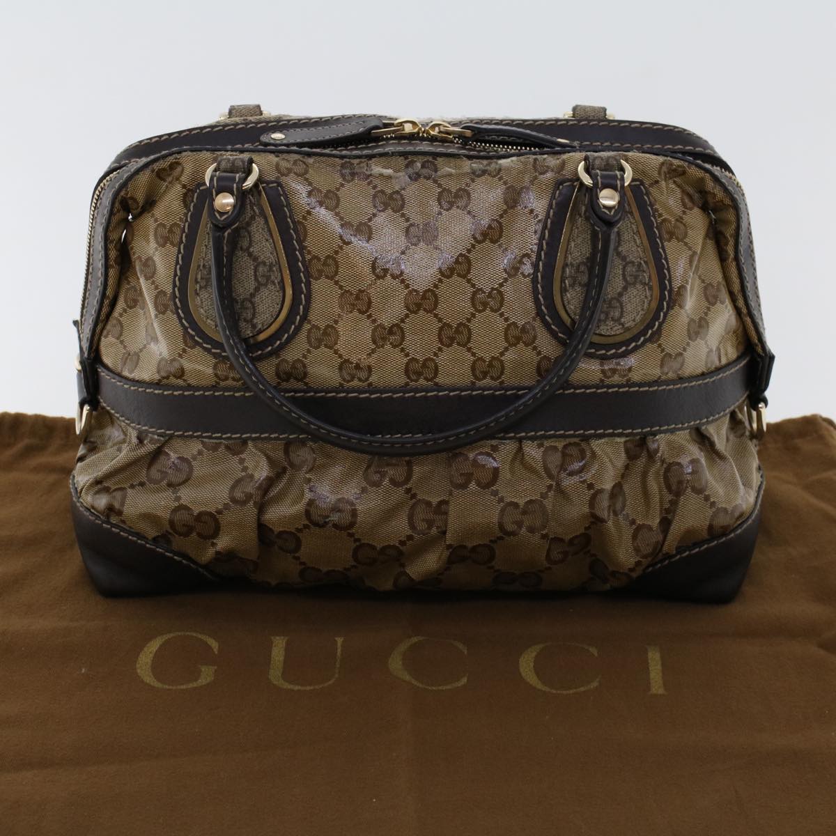 GUCCI GG Canvas Hand Bag Coated Canvas Beige Dark Brown 223962 Auth hk739