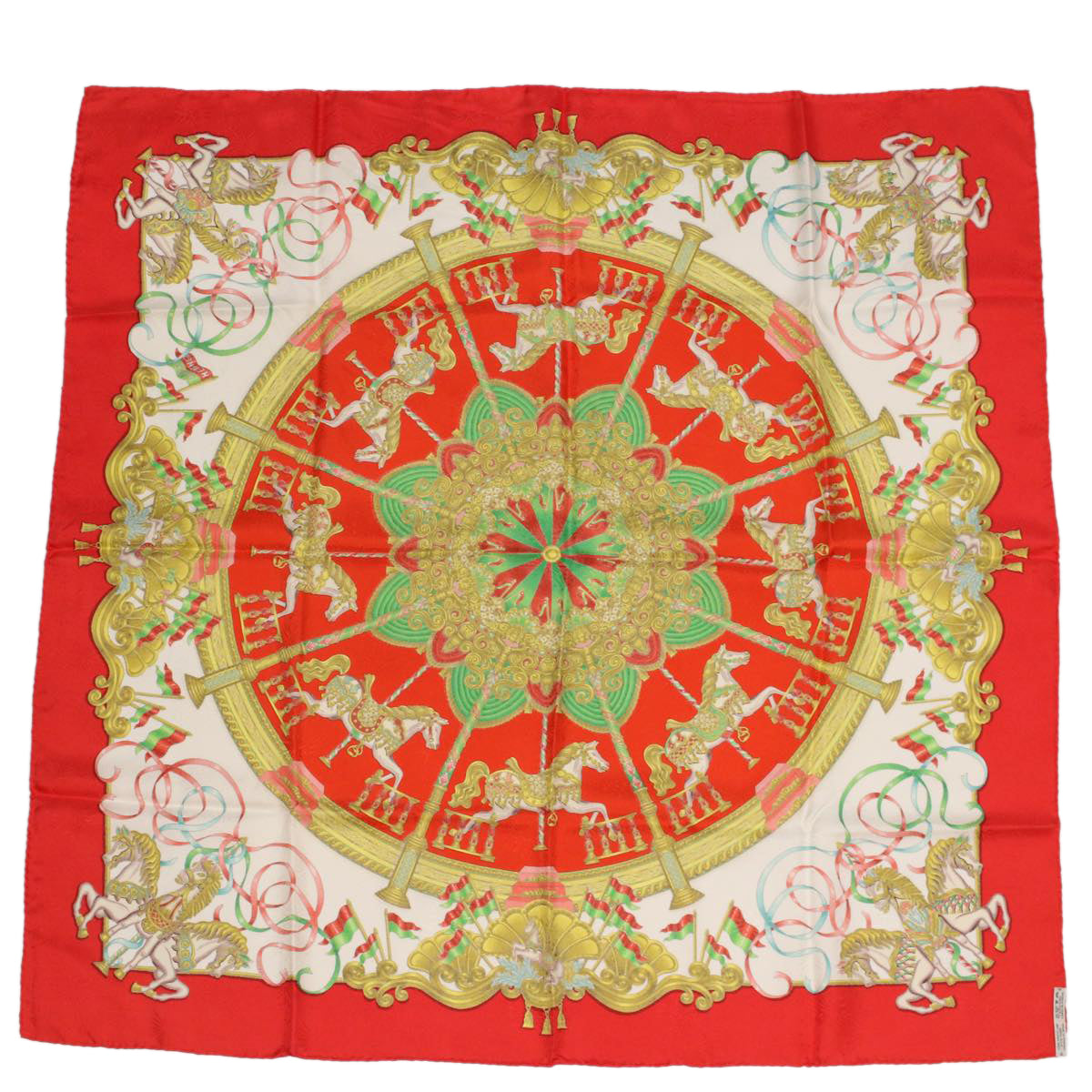 HERMES Carre 90 LUNA PARK Scarf Silk Red Green Auth hk757