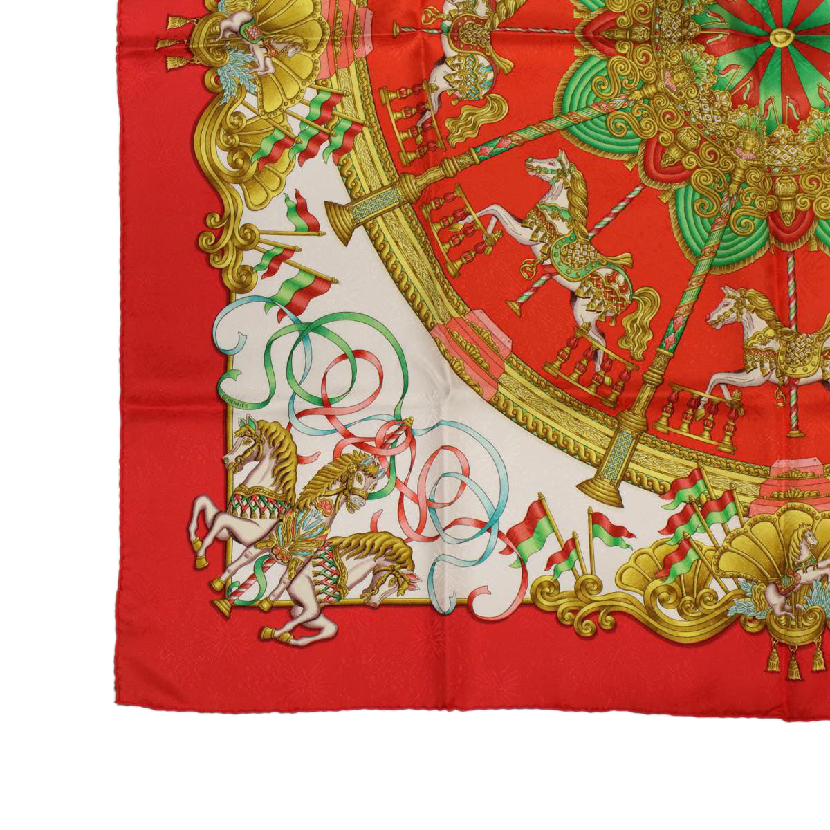 HERMES Carre 90 LUNA PARK Scarf Silk Red Green Auth hk757