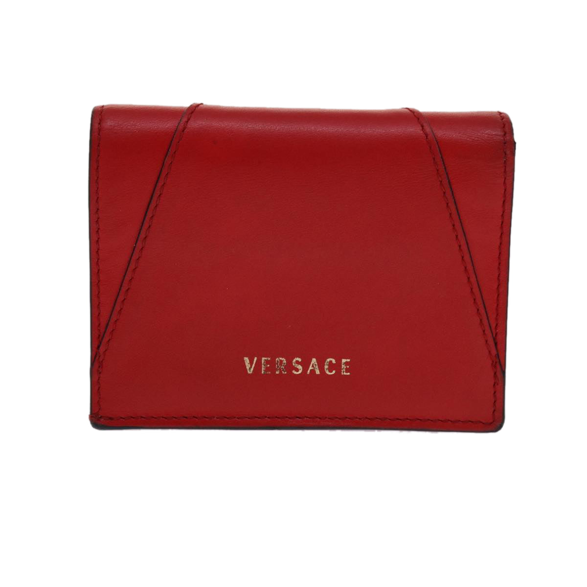 VERSACE Virtus Compact Wallet Leather Red Gold Tone Auth hk797