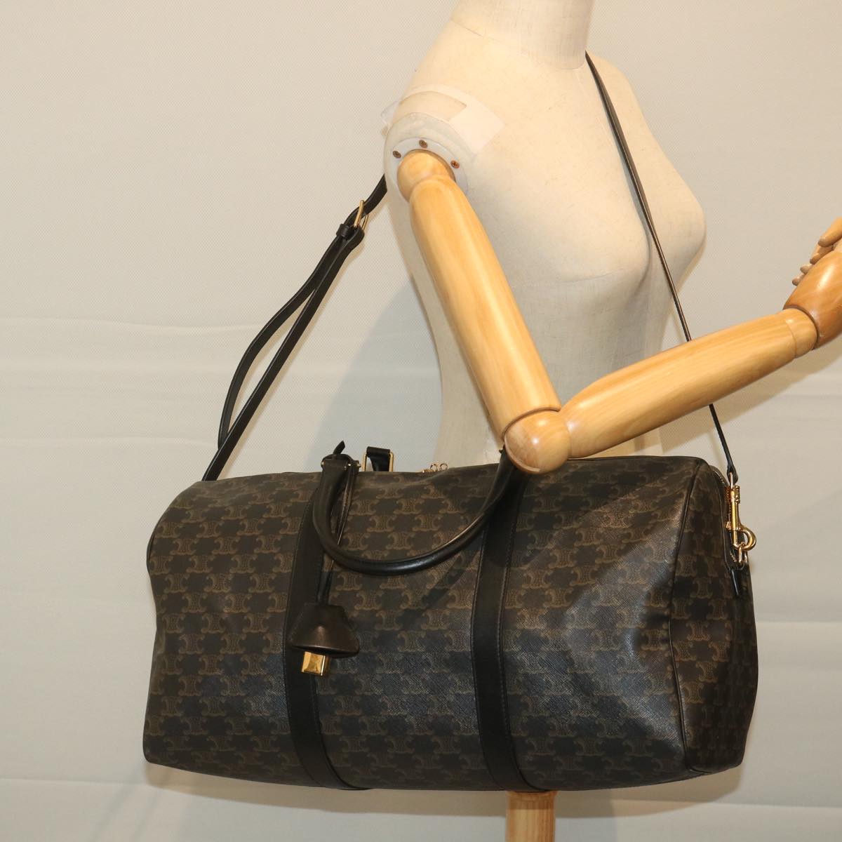 CELINE Triomphe Canvas Boston Bag PVC Leather 2way Black Auth hk880